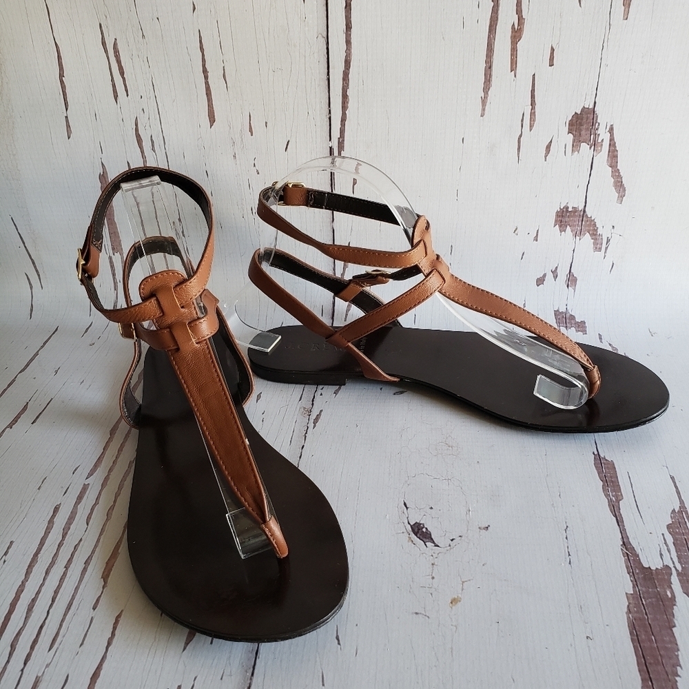 J.crew brown leather ankle strap and tong woman sandals size 8.5